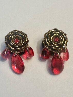 NIB 00g / 10mm Dangle Plugs Gauges w/ Gold Rose Fronts & Red Accents Screwlets